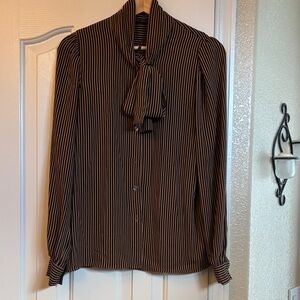 Tahari Vintage Polyester Brown & Black Stripe Blouse With Tie-Neck Detail.